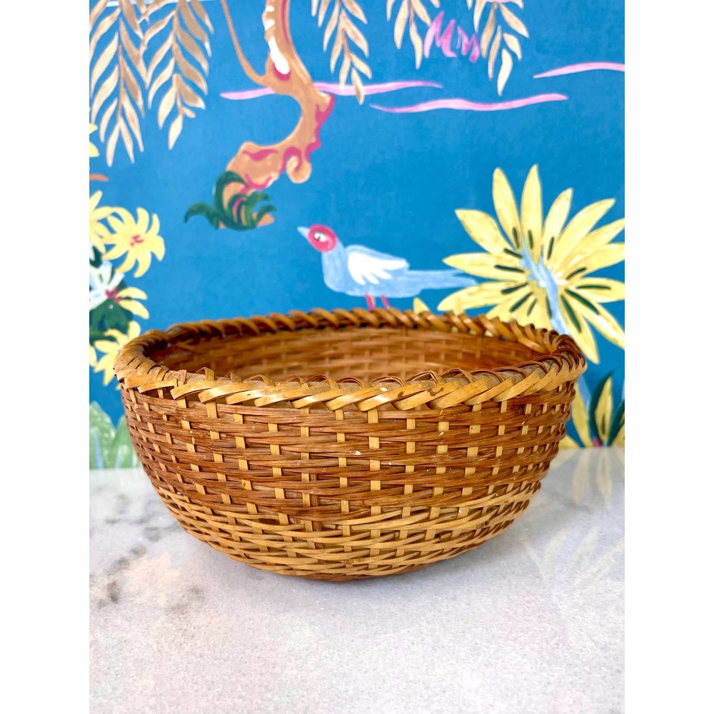 Vintage Bamboo Two Toned Woven Basket. Small